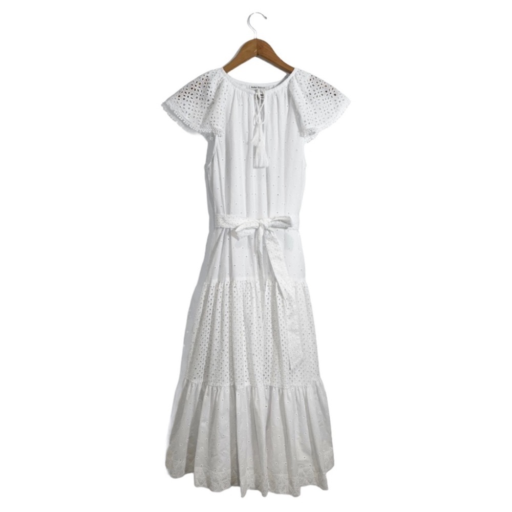 Roller Rabbit Eyelet Ruffle Split Neck Tassels Tie Waist Midi Dress White Small